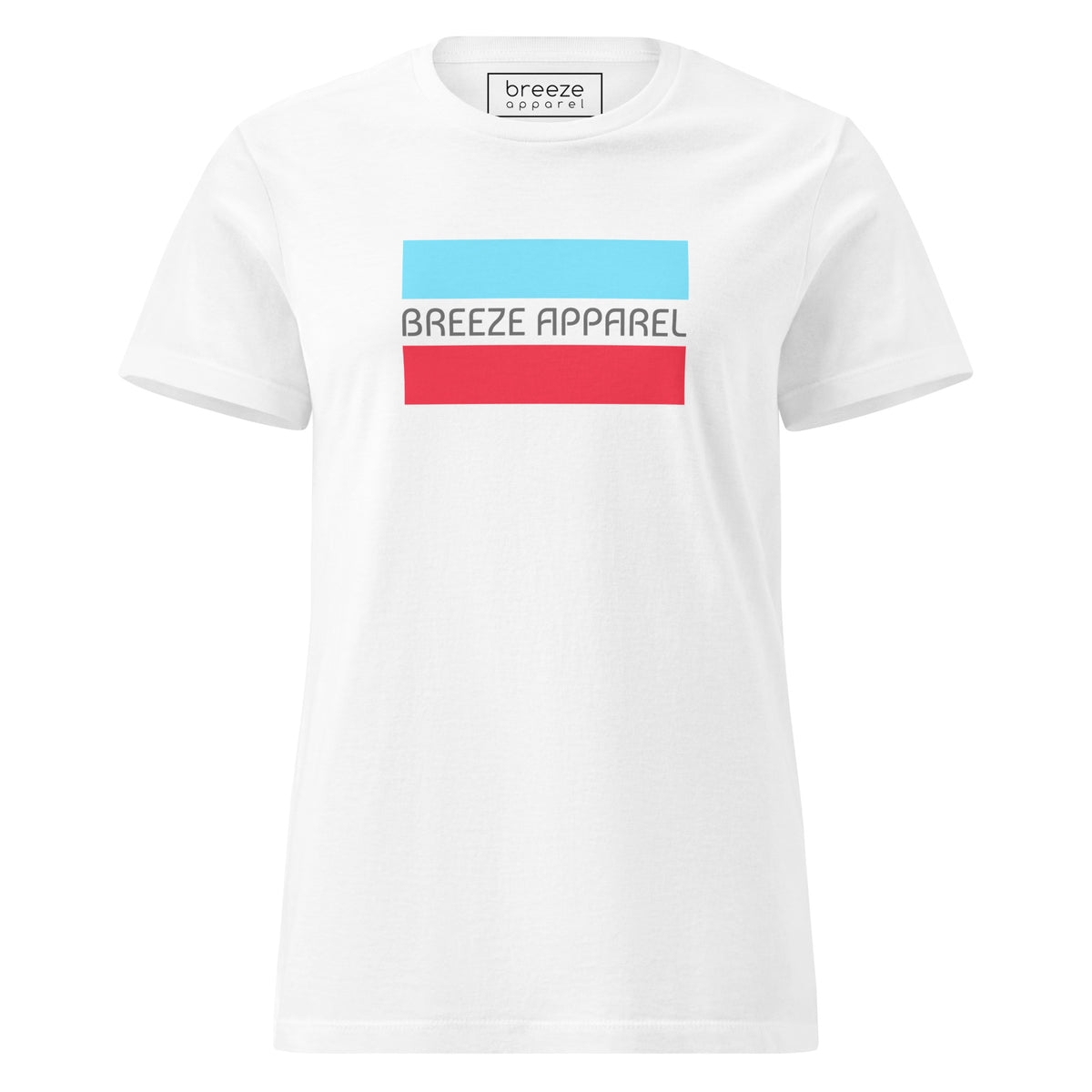 White t-shirt with gray 'Breeze Apparel' logo between horizontal bars, the top being light blue and the bottom being red.
