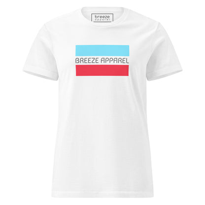 White t-shirt with gray 'Breeze Apparel' logo between horizontal bars, the top being light blue and the bottom being red.