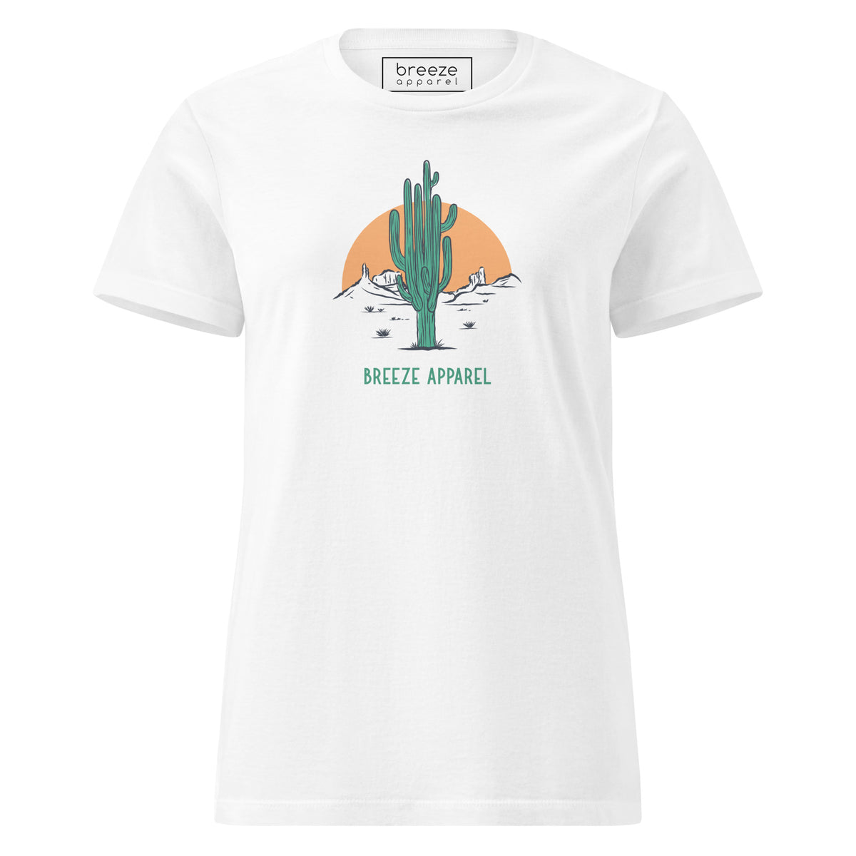 White t-shirt with a graphic of a cactus and sunset, with 'Breeze Apparel' written in green below.