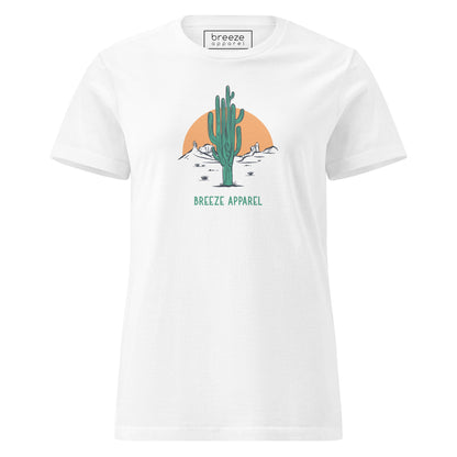 White t-shirt with a graphic of a cactus and sunset, with 'Breeze Apparel' written in green below.