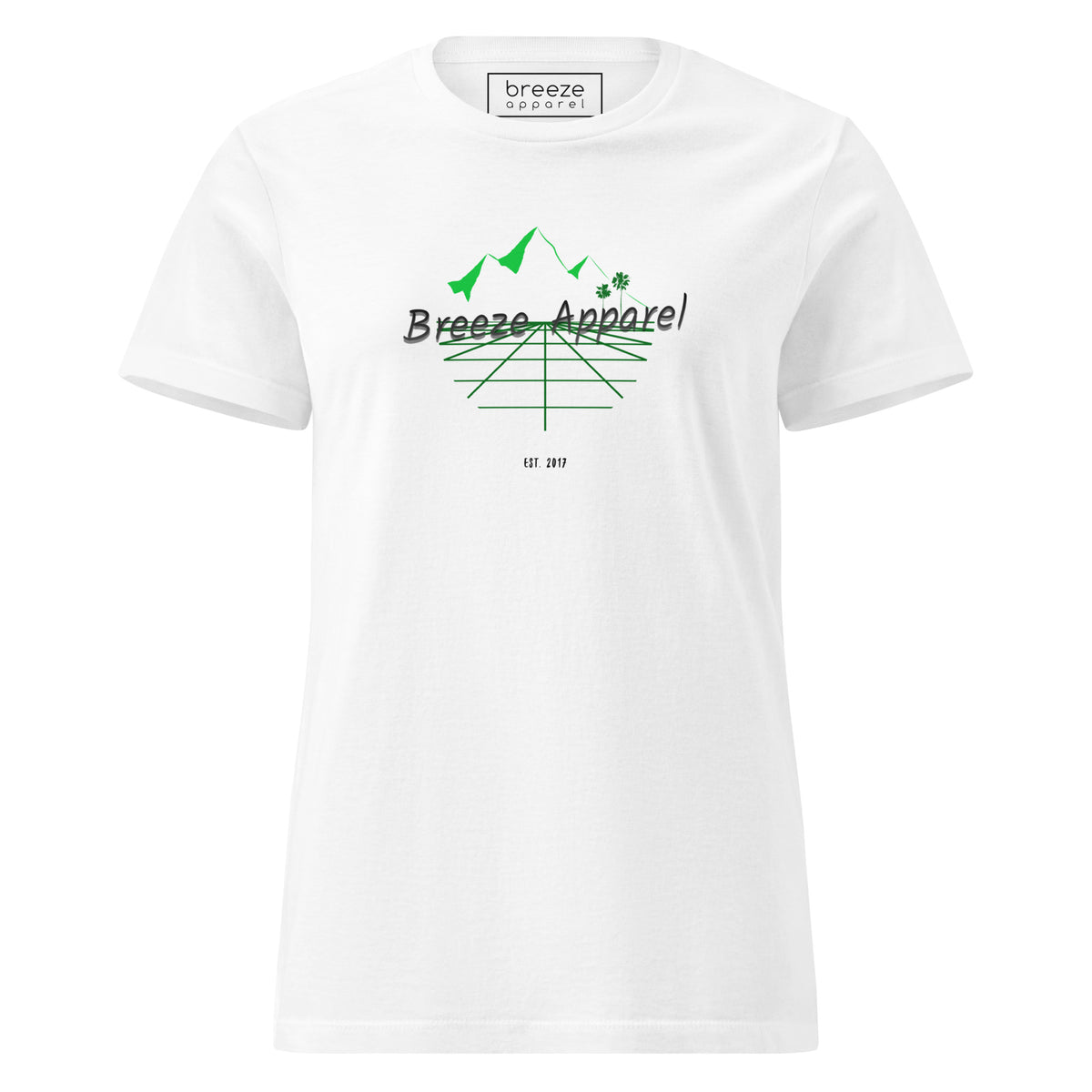 White t-shirt with 'Breeze Apparel' logo set on a graphic of a grid, palm trees, and mountains.