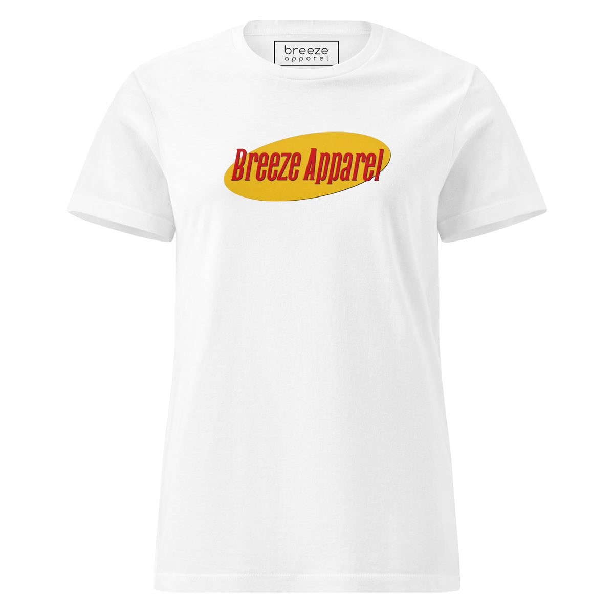 White t-shirt with red lettering over yellow oval.