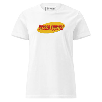 White t-shirt with red lettering over yellow oval.