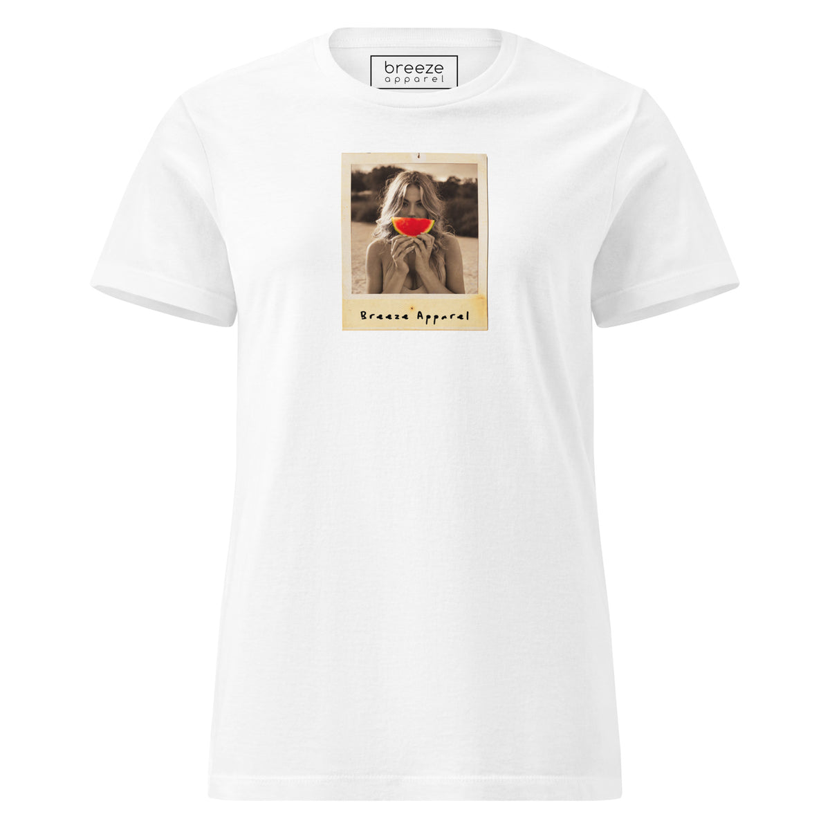 White t-shirt with graphic of woman holding watermelon slice in front of her mouth.