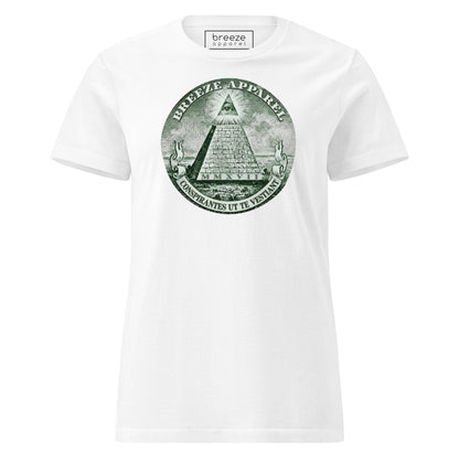White t-shirt with graphic resembling pyramid from US one-dollar bill.