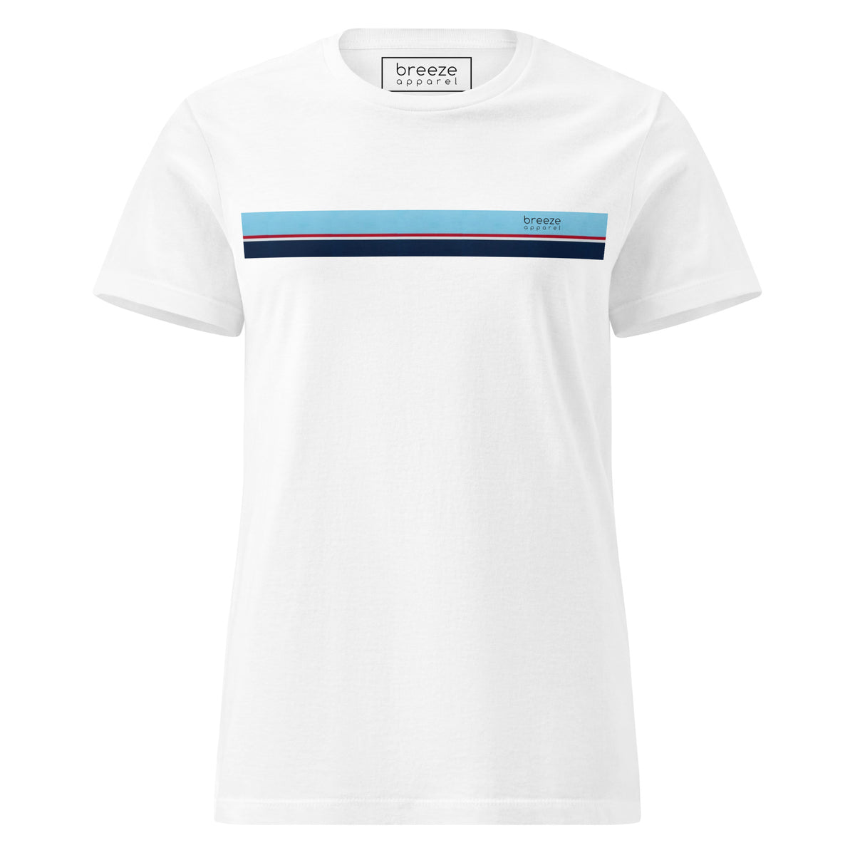 White t-shirt with stripe that is light blue, red, white, and navy across chest.