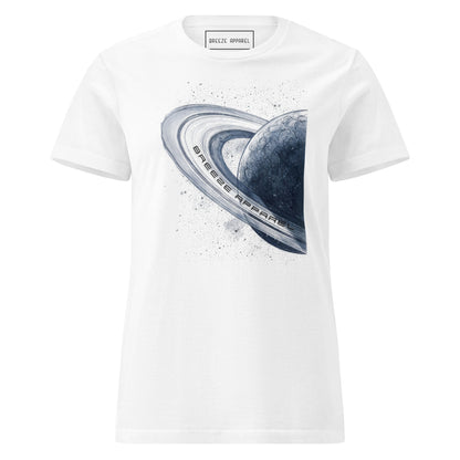 White t-shirt with graphic of blue planet.