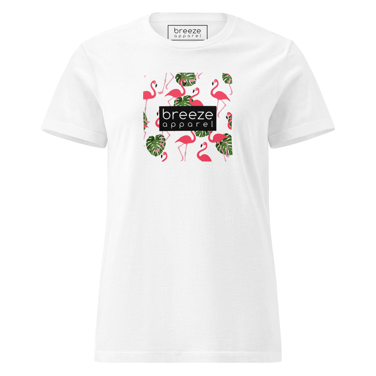 White t-shirt with graphic of flamingos overlaid with a black logo.