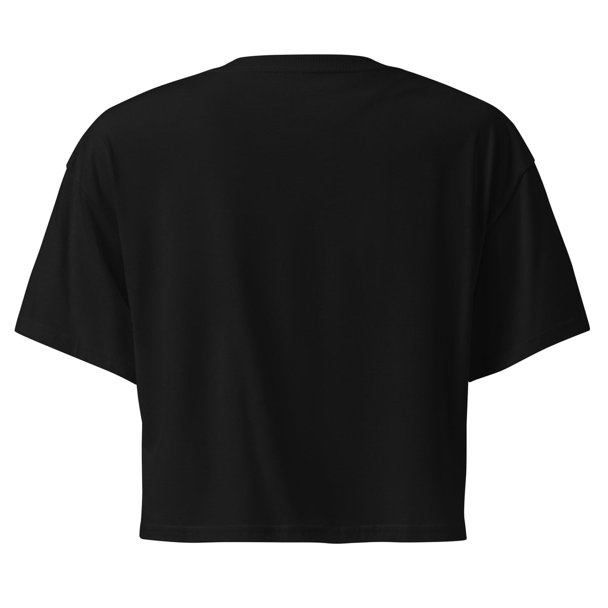 Plain back of black crop top.