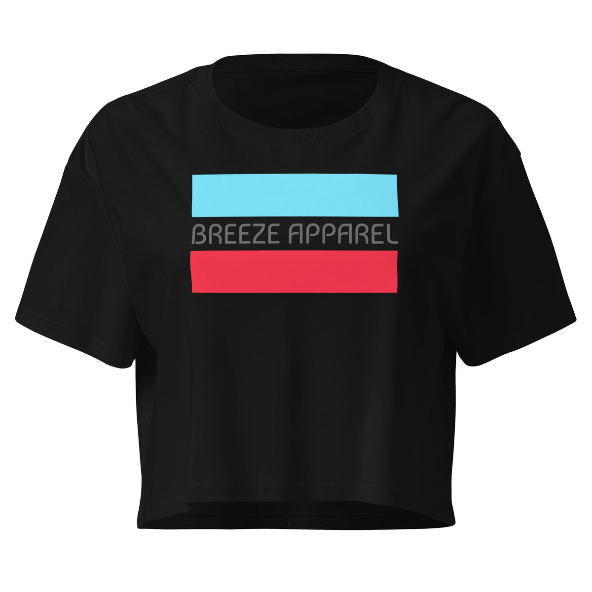 Black crop top with graphic of gray lettering between blue and red horizontal bars.