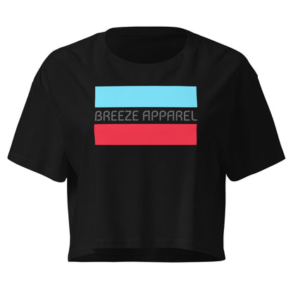 Black crop top with graphic of gray lettering between blue and red horizontal bars.