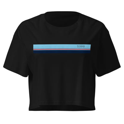 Black crop top with horizontal stripe that's light blue, red, white, and navy.