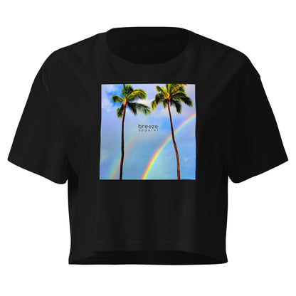 Black crop top with graphic of palm trees and a rainbow.