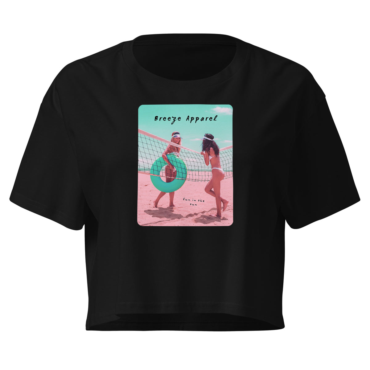 Black crop top with graphic of two women in bikinis talking on the beach.