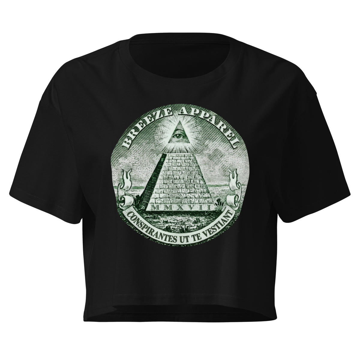 Black crop top with graphic resembling pyramid from US one-dollar bill.