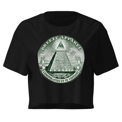 Black crop top with graphic resembling pyramid from US one-dollar bill.