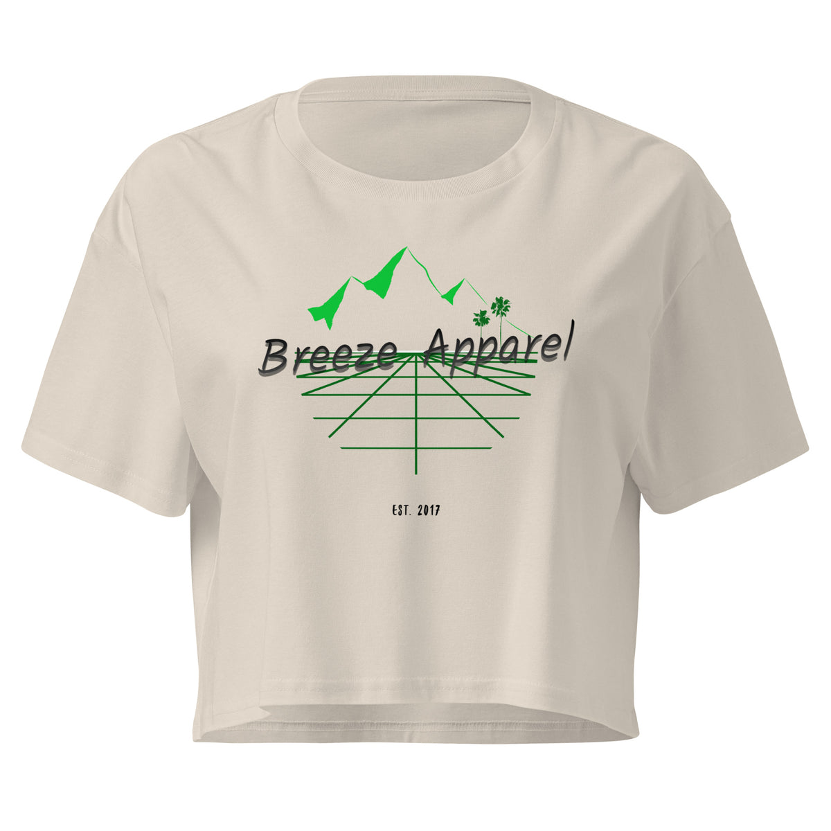 Cream crop top with graphic of palm trees and mountains.