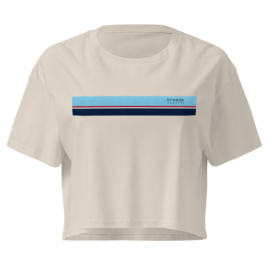 Cream crop top with horizontal stripe that's light blue, red, white, and navy.