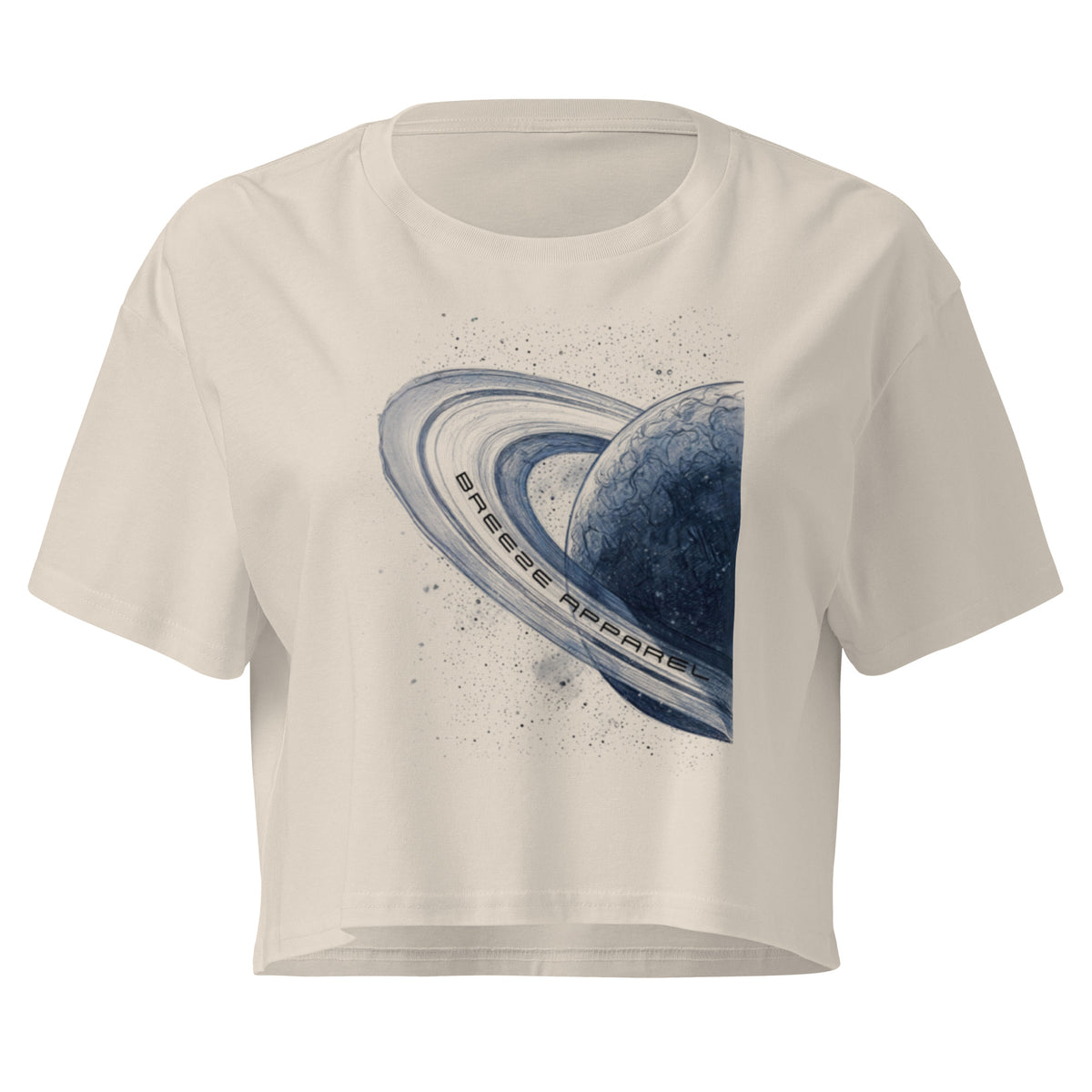 Gray crop top with graphic of blue planet.