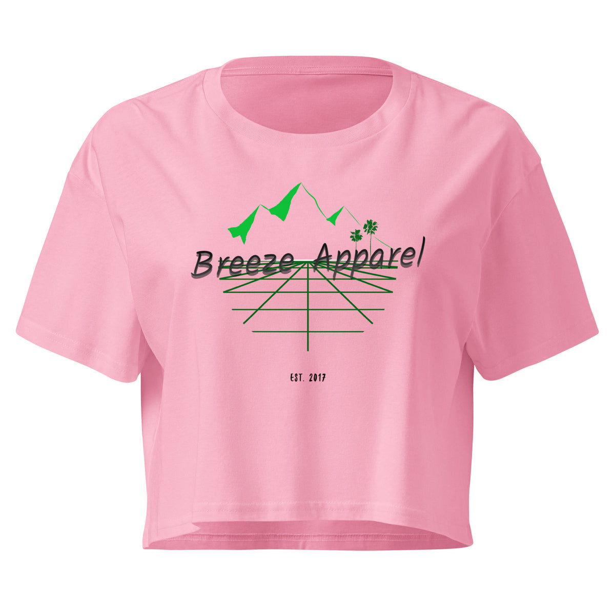 Pink crop top with graphic of palm trees and mountains.