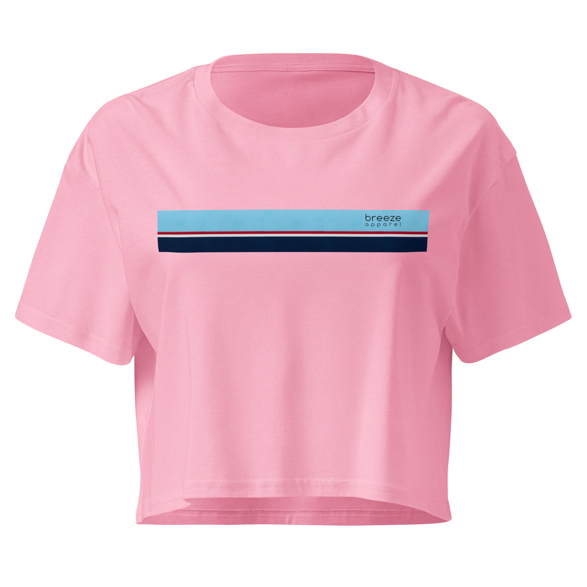 Pink crop top with horizontal stripe that's light blue, red, white, and navy.