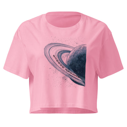 Pink crop top with graphic of blue planet.