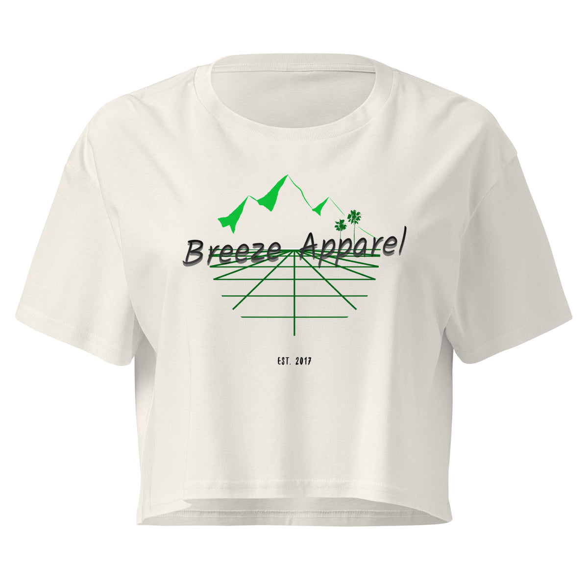 Cream crop top with graphic of palm trees and mountains.