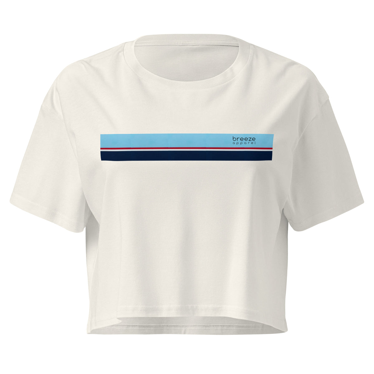 Cream crop top with horizontal stripe that's light blue, red, white, and navy.