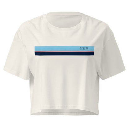 Cream crop top with horizontal stripe that's light blue, red, white, and navy.