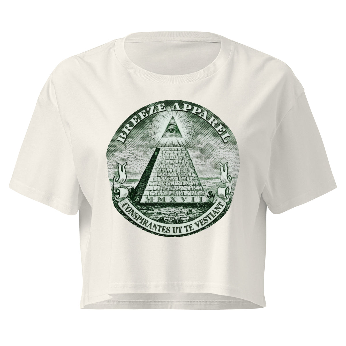 Beige crop top with graphic resembling pyramid from US one-dollar bill.