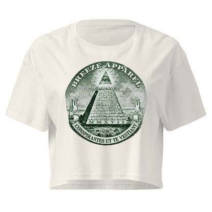 Beige crop top with graphic resembling pyramid from US one-dollar bill.