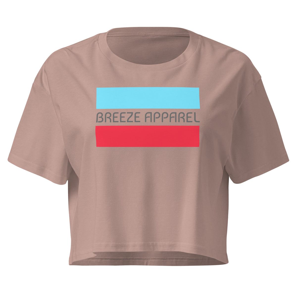 Mauve crop top with graphic of gray lettering between blue and red horizontal bars.