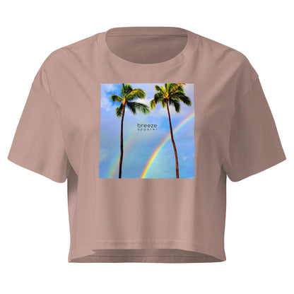 Mauve crop top with graphic of palm trees and a rainbow.