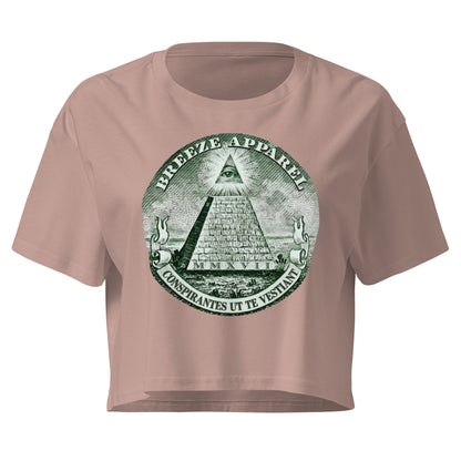 Mauve crop top with graphic resembling pyramid from US one-dollar bill.