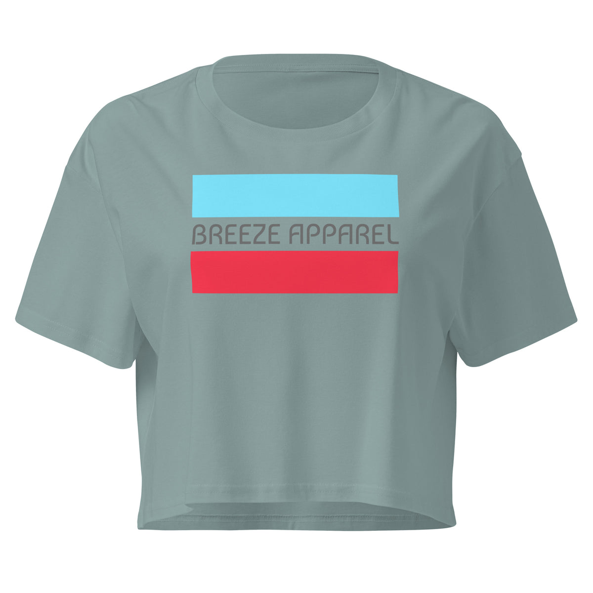 Green crop top with graphic of gray lettering between blue and red horizontal bars.
