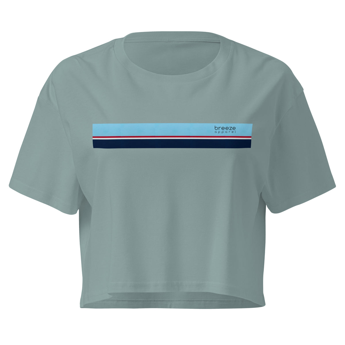 Green crop top with horizontal stripe that's light blue, red, white, and navy.