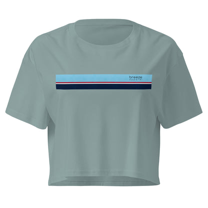 Green crop top with horizontal stripe that's light blue, red, white, and navy.