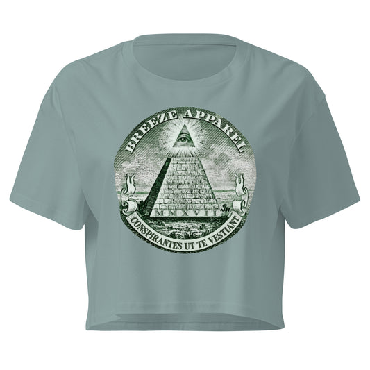 Green crop top with graphic resembling pyramid from US one-dollar bill.