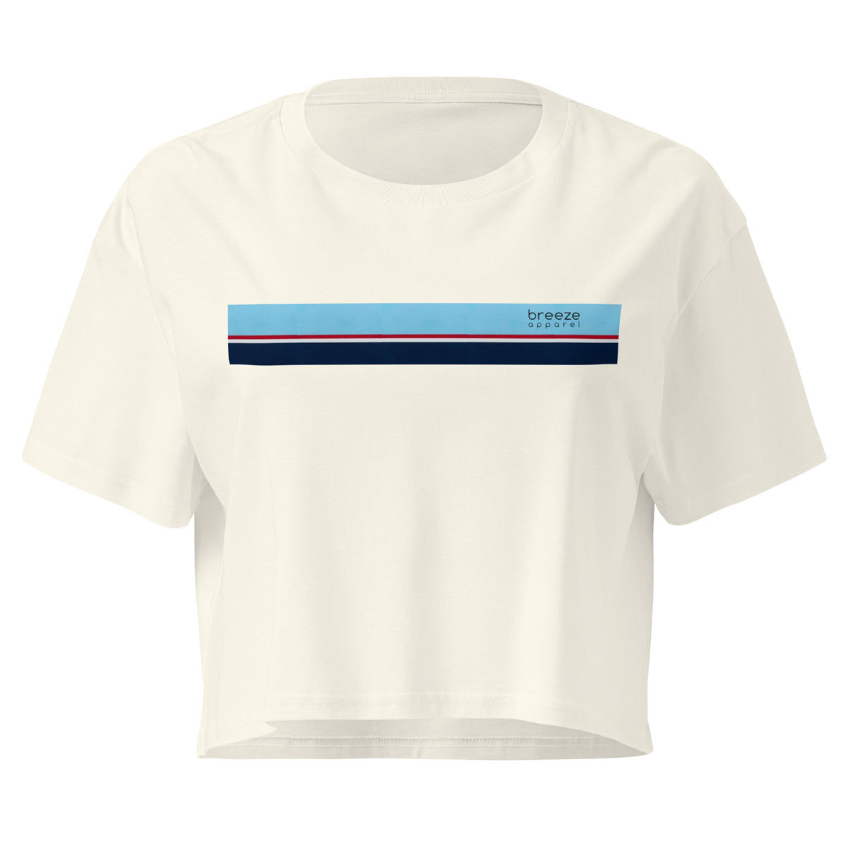 Cream crop top with horizontal stripe that's light blue, red, white, and navy.