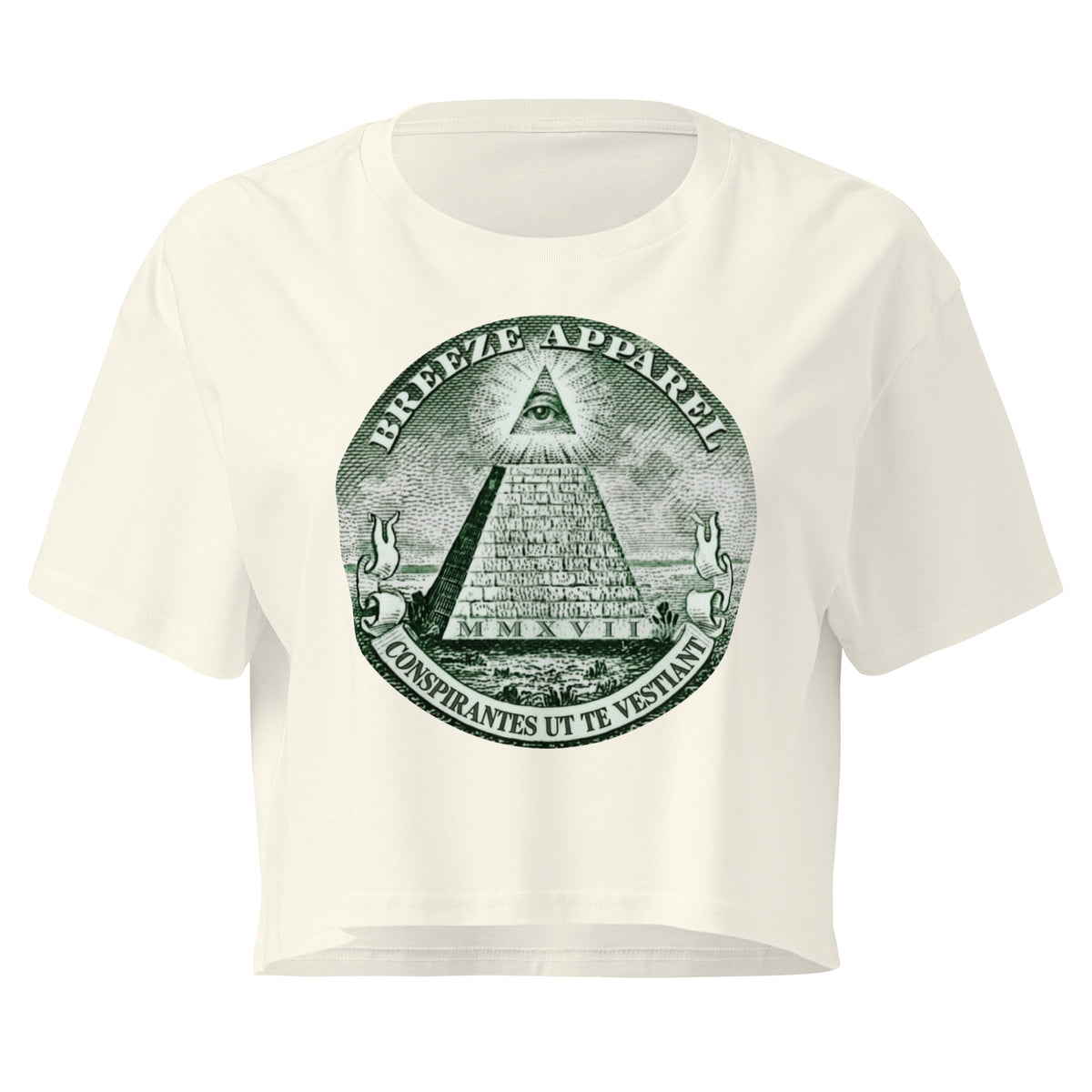 Beige crop top with graphic resembling pyramid from US one-dollar bill.