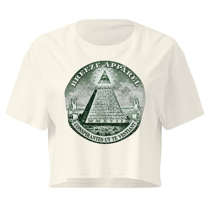 Beige crop top with graphic resembling pyramid from US one-dollar bill.