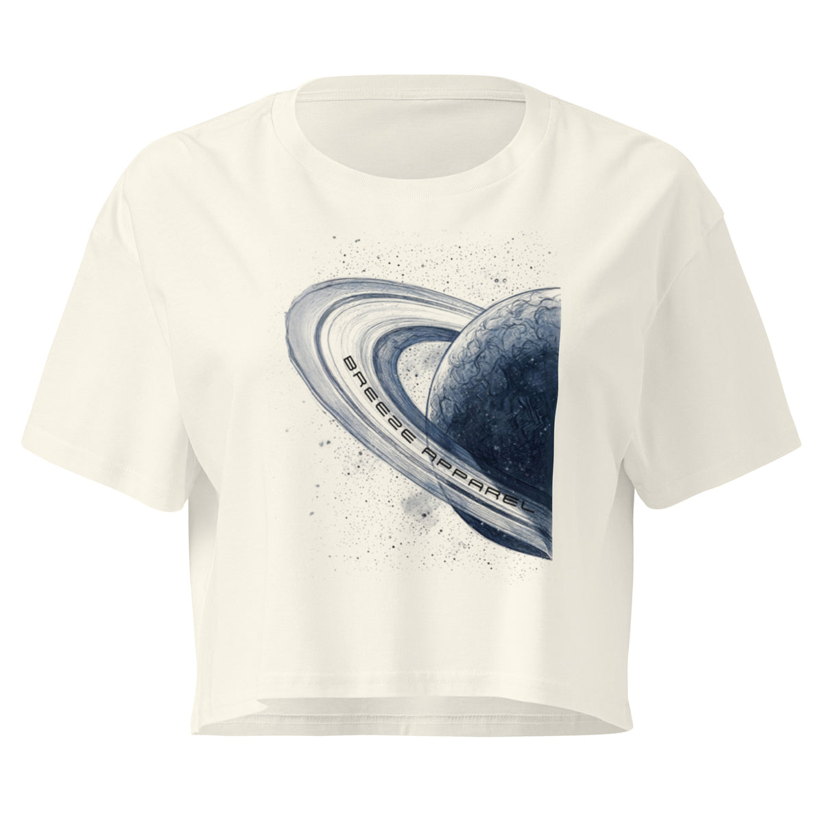 White crop top with graphic of blue planet.