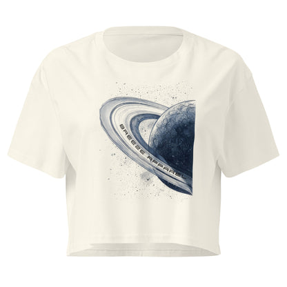 White crop top with graphic of blue planet.