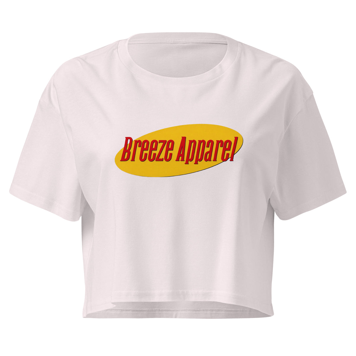 Light-purple crop top with graphic with red lettering set on a yellow oval. 