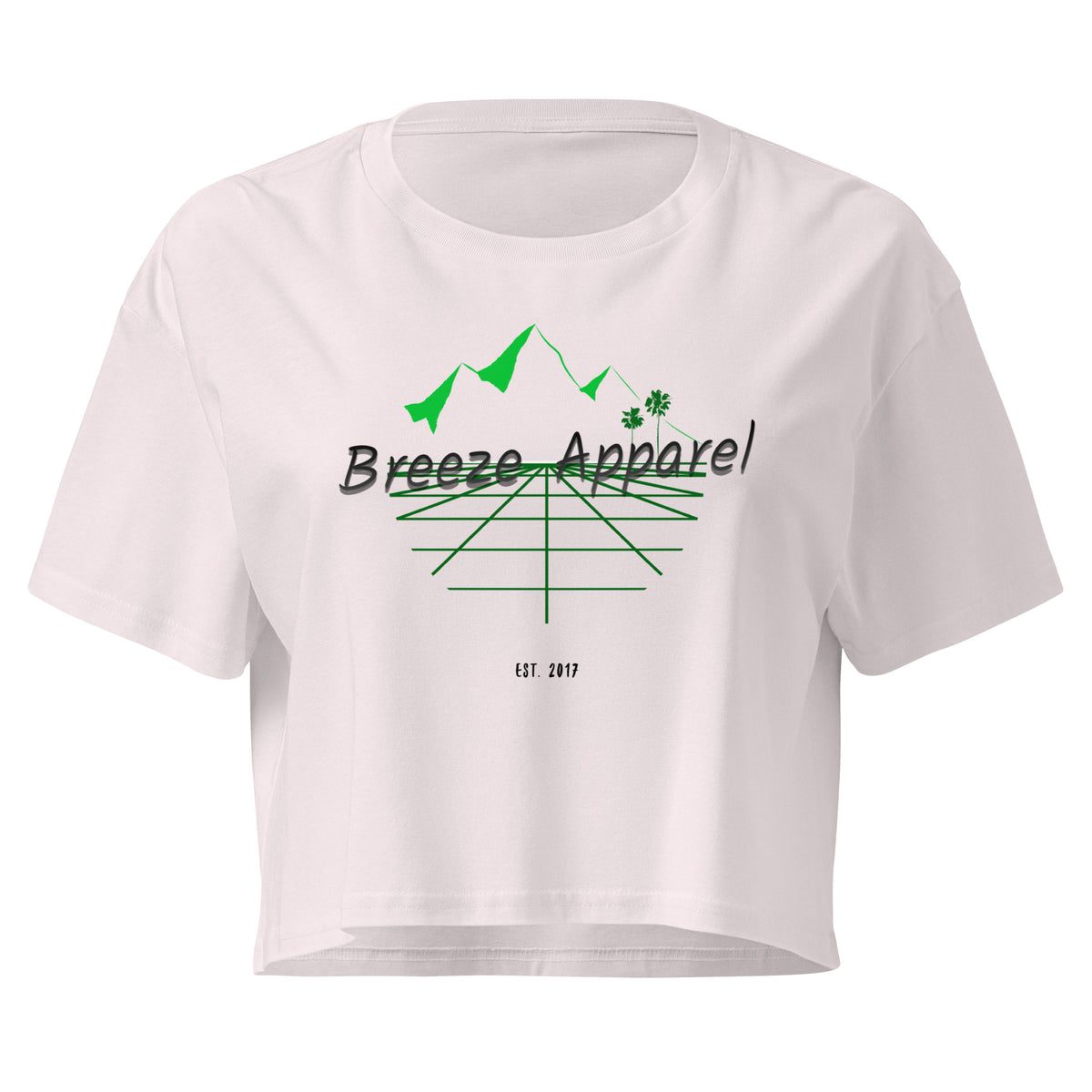Orchid crop top with graphic of palm trees and mountains.