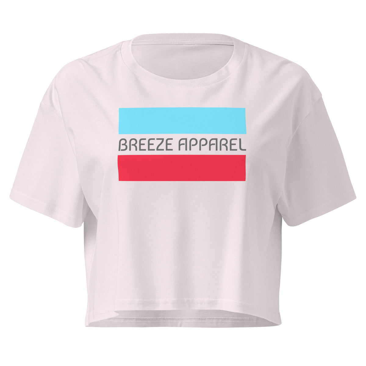 Orchid crop top with graphic of gray lettering between blue and red horizontal bars.