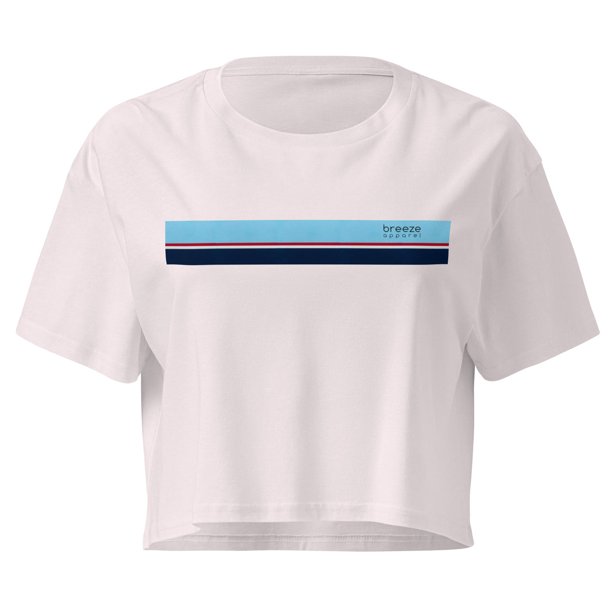 Orchid crop top with horizontal stripe that's light blue, red, white, and navy.