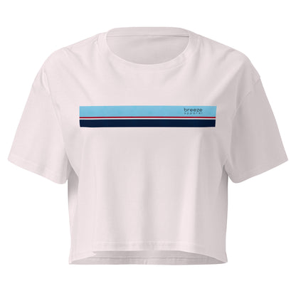 Orchid crop top with horizontal stripe that's light blue, red, white, and navy.
