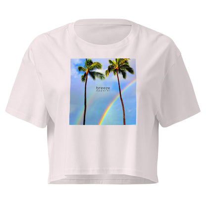 Orchid crop top with graphic of palm trees and a rainbow.