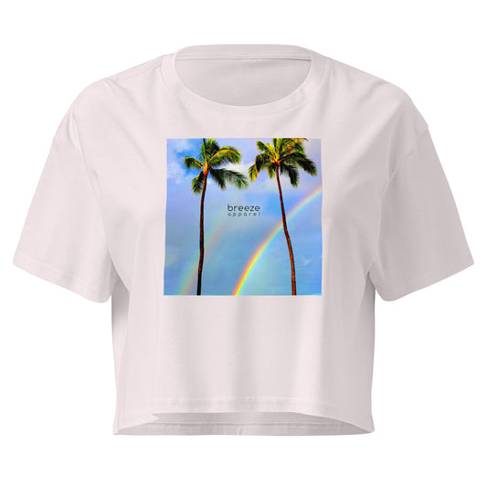 Orchid crop top with graphic of palm trees and a rainbow.